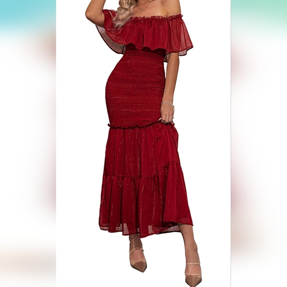 Women's Elegant Maternity Off The Shoulder Ruffle Bodycon Maxi Dress Smocked-LRG - Picture 7 of 7